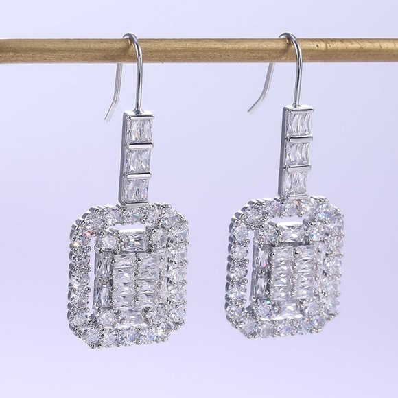 NEW Silver Baguette Round Diamond Drop Earrings 1 - Picture 4 of 6